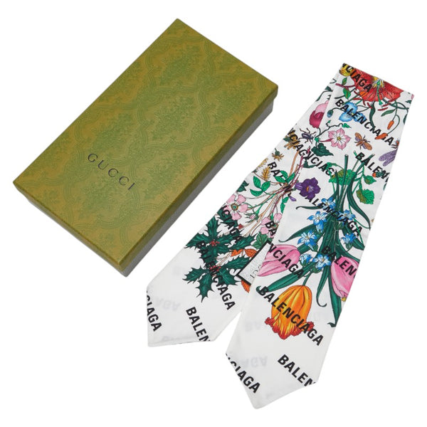 グッチ × BALENCIAGA バレンシアガ ザ ハッカー プロジェクト フローラプリント ネックボウ スカーフ ホワイト マルチカラー シルク レディース GUCCI 【中古】