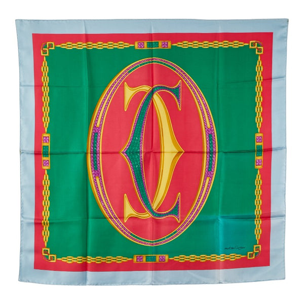 カルティエ ロゴ スカーフ レッド グリーン イエロー シルク レディース CARTIER 【中古】