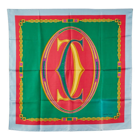 カルティエ ロゴ スカーフ レッド グリーン イエロー シルク レディース CARTIER 【中古】