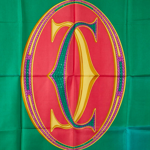 カルティエ ロゴ スカーフ レッド グリーン イエロー シルク レディース CARTIER 【中古】