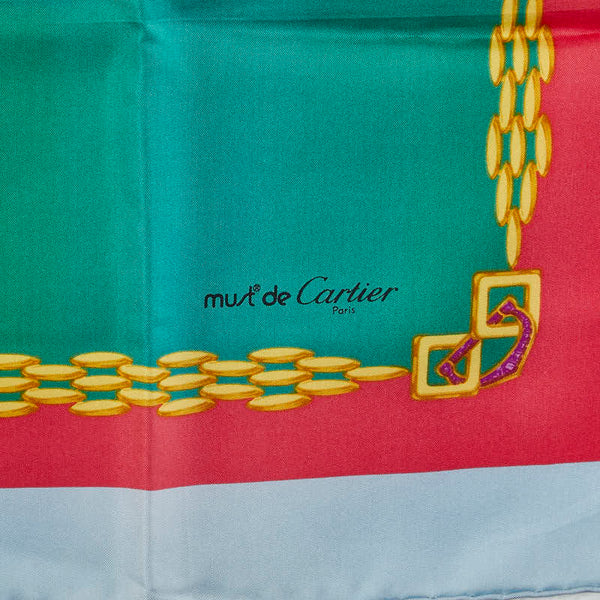 カルティエ ロゴ スカーフ レッド グリーン イエロー シルク レディース CARTIER 【中古】