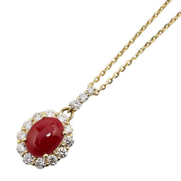 ノーブランド K18YG イエローゴールド 珊瑚 ダイヤモンド0.48ct ペンダントネックレス レディース no brand 【中古】