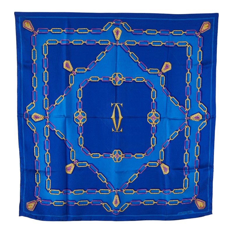カルティエ ジュエリー柄 スカーフ ブルー シルク レディース CARTIER 【中古】