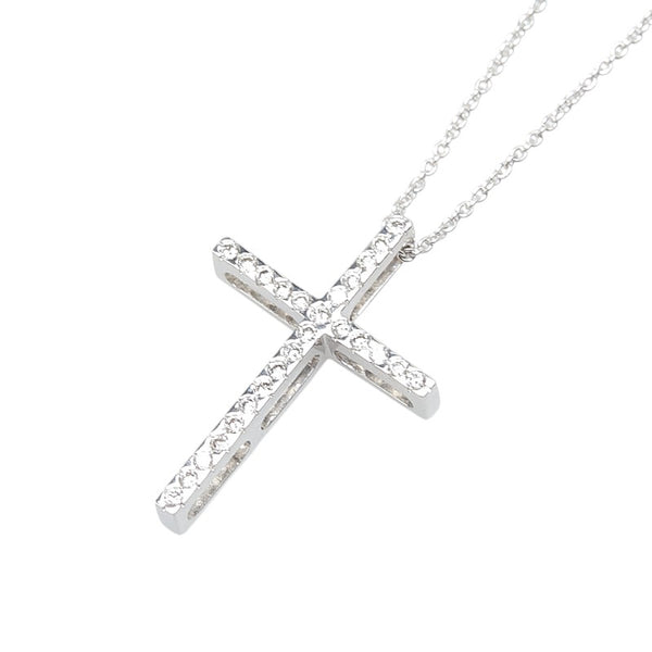 K18WG ホワイトゴールド ダイヤ0.18ct Petitreve プチレーヴ クロス 十字架 モチーフ ネックレス レディース 【中古】
