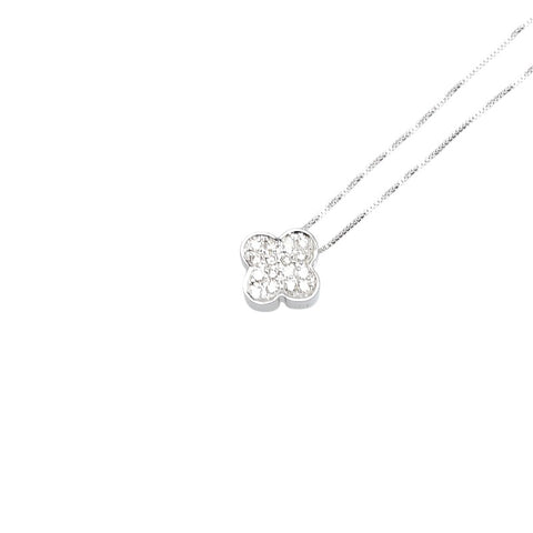 ノーブランド K18WG ホワイトゴールド ダイヤ0.14ct パヴェ クローバー モチーフ ペンダントネックレス レディース no brand 【中古】