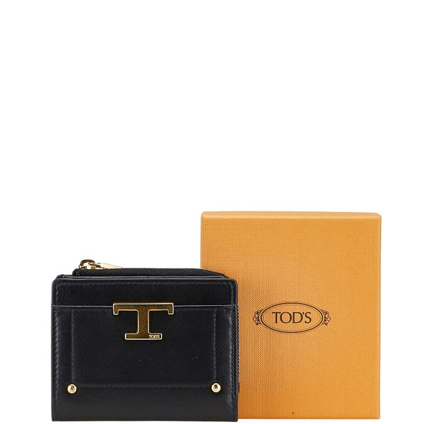 トッズ T タイムレス L字ファスナー 二つ折り財布 コンパクトウォレット ブラック レザー レディース TOD’S 【中古】