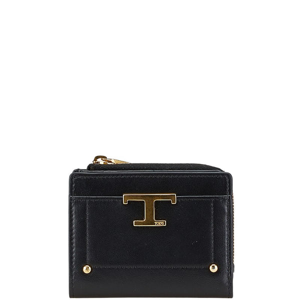 トッズ T タイムレス L字ファスナー 二つ折り財布 コンパクトウォレット ブラック レザー レディース TOD’S 【中古】