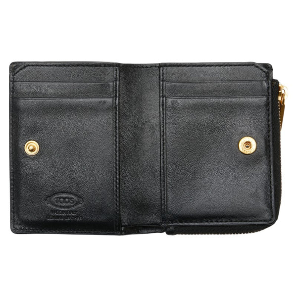 トッズ T タイムレス L字ファスナー 二つ折り財布 コンパクトウォレット ブラック レザー レディース TOD’S 【中古】