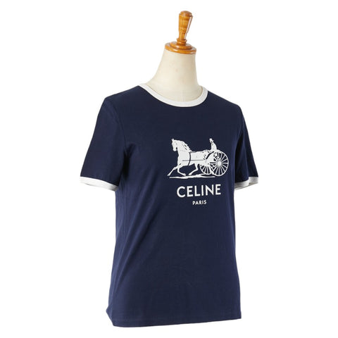 セリーヌ 馬車 ロゴ 半袖Ｔシャツ サイズ:S ネイビー ホワイト コットン レディース CELINE 【中古】