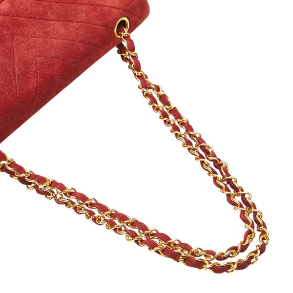 シャネル Vステッチ ダブルフラップ ココマーク チェーン ショルダーバッグ レッド スエード レディース CHANEL 【中古】