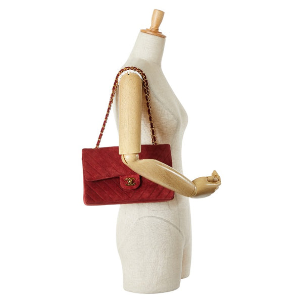 シャネル Vステッチ ダブルフラップ ココマーク チェーン ショルダーバッグ レッド スエード レディース CHANEL 【中古】