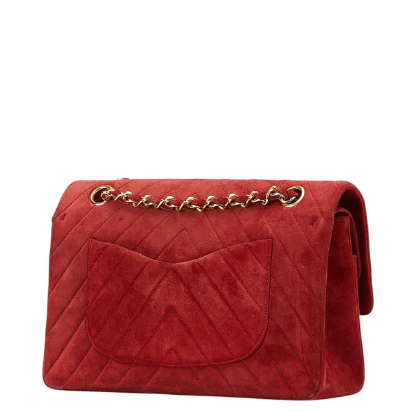 シャネル Vステッチ ダブルフラップ ココマーク チェーン ショルダーバッグ レッド スエード レディース CHANEL 【中古】