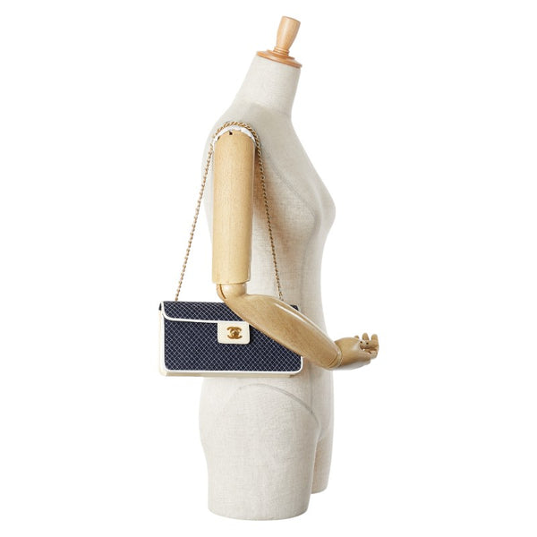 シャネル ココマーク キルティング チェーン ミニショルダーバッグ ネイビー ホワイト キャンバス パテントレザー レザー レディース CHANEL 【中古】