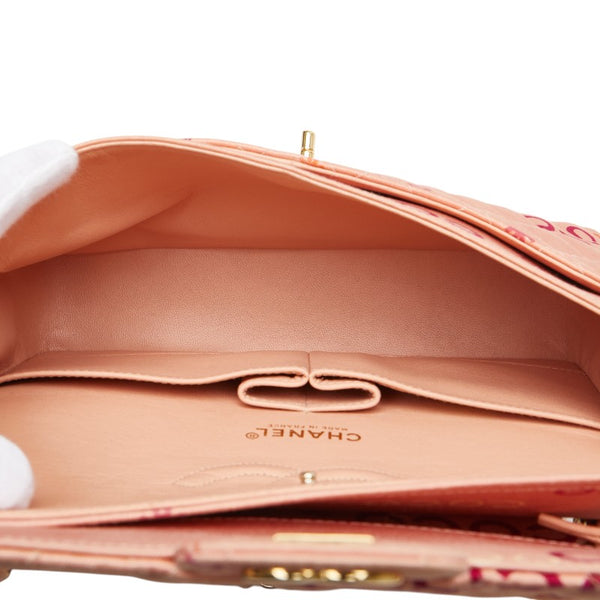シャネル ココマーク COCOプリント ダブルフラップ チェーン ショルダーバッグ サーモンピンク マルチカラー キャンバス レディース CHANEL 【中古】