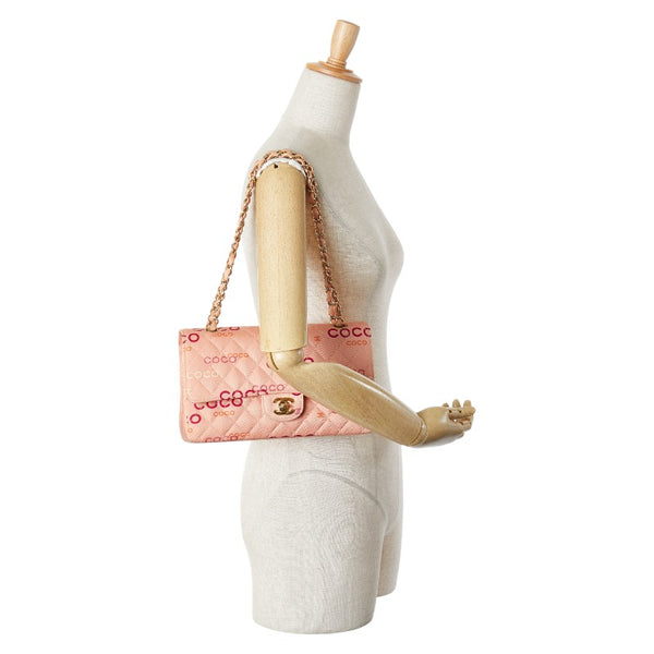 シャネル ココマーク COCOプリント ダブルフラップ チェーン ショルダーバッグ サーモンピンク マルチカラー キャンバス レディース CHANEL 【中古】