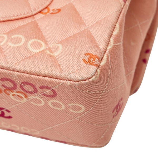 シャネル ココマーク COCOプリント ダブルフラップ チェーン ショルダーバッグ サーモンピンク マルチカラー キャンバス レディース CHANEL 【中古】