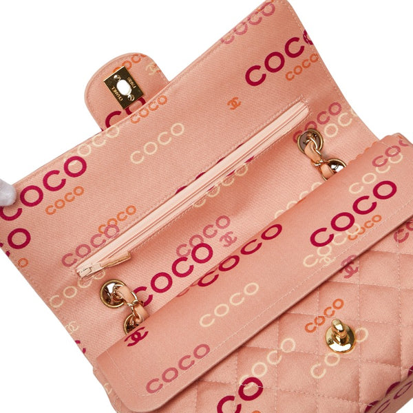 シャネル ココマーク COCOプリント ダブルフラップ チェーン ショルダーバッグ サーモンピンク マルチカラー キャンバス レディース CHANEL 【中古】