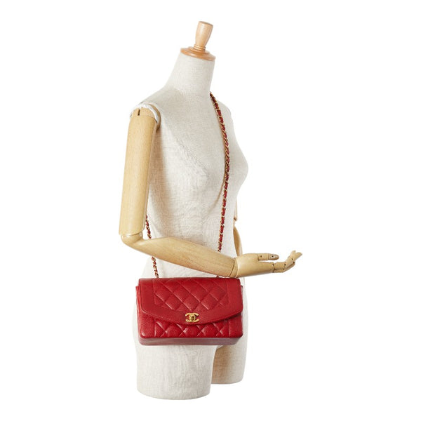 シャネル ダイアナ ココマーク チェーン ショルダーバッグ レッド キャビアスキン レディース CHANEL 【中古】