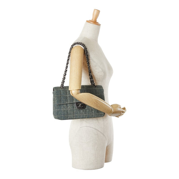 シャネル ココマーク チョコバー チェーン ショルダーバッグ ライトブルー ブラック デニム レザー レディース CHANEL 【中古】