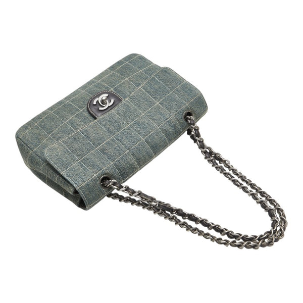 シャネル ココマーク チョコバー チェーン ショルダーバッグ ライトブルー ブラック デニム レザー レディース CHANEL 【中古】