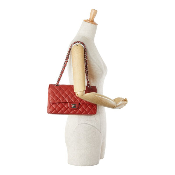 シャネル ココマーク マトラッセ25 ダブルフラップ チェーン ショルダーバッグ レッド キャビアスキン レディース CHANEL 【中古】