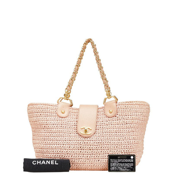 シャネル ココマーク チェーン トートバッグ ピンク ラフィア レザー レディース CHANEL 【中古】