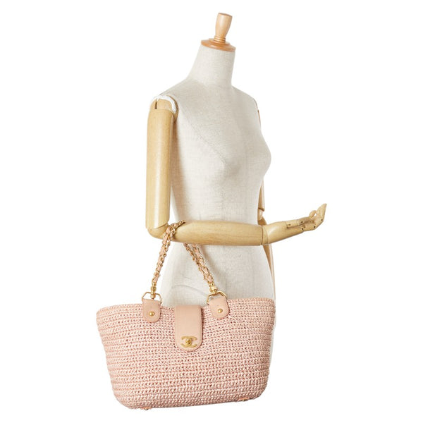 シャネル ココマーク チェーン トートバッグ ピンク ラフィア レザー レディース CHANEL 【中古】