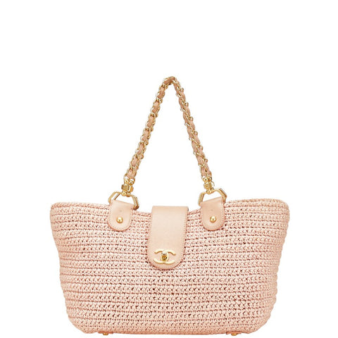 シャネル ココマーク チェーン トートバッグ ピンク ラフィア レザー レディース CHANEL 【中古】