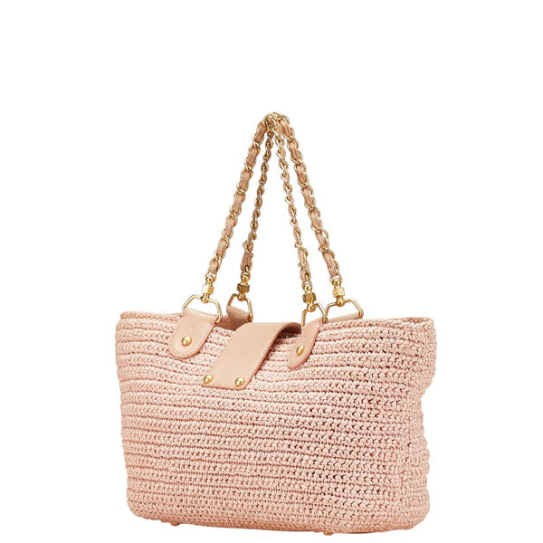 シャネル ココマーク チェーン トートバッグ ピンク ラフィア レザー レディース CHANEL 【中古】