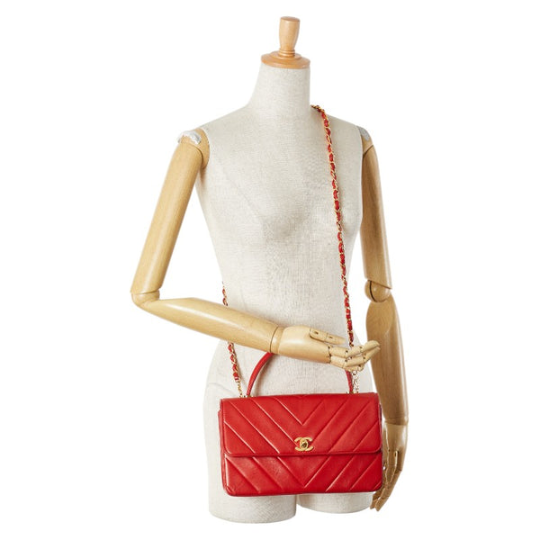 シャネル シェブロン V字ステッチ ココマーク ハンドバッグ ショルダーバッグ 2WAY レッド ラムスキン レディース CHANEL 【中古】