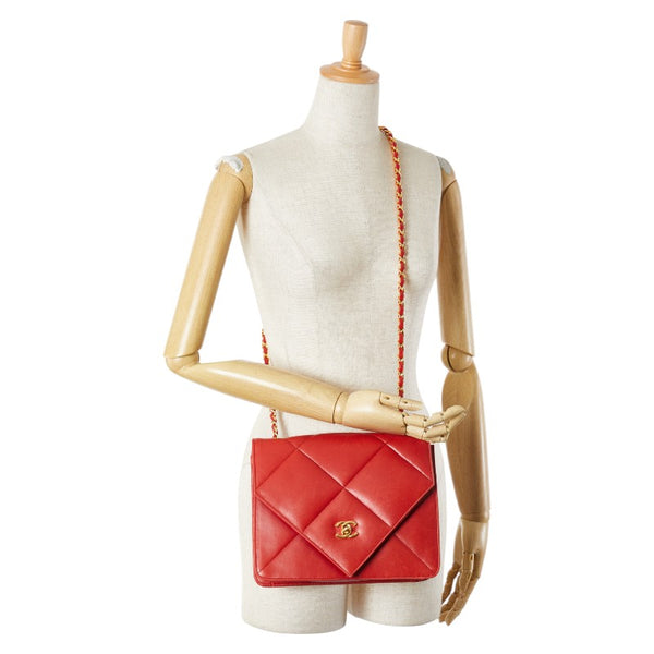 シャネル マトラッセ ココマーク チェーン ショルダーバッグ レッド ラムスキン レディース CHANEL 【中古】