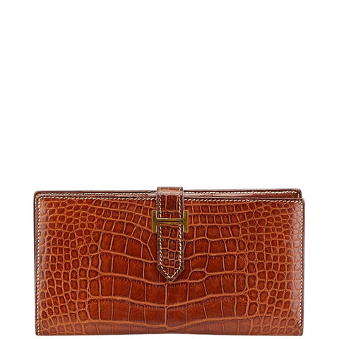 エルメス ベアン 長財布 ブラウン アリゲーター レディース HERMES 【中古】