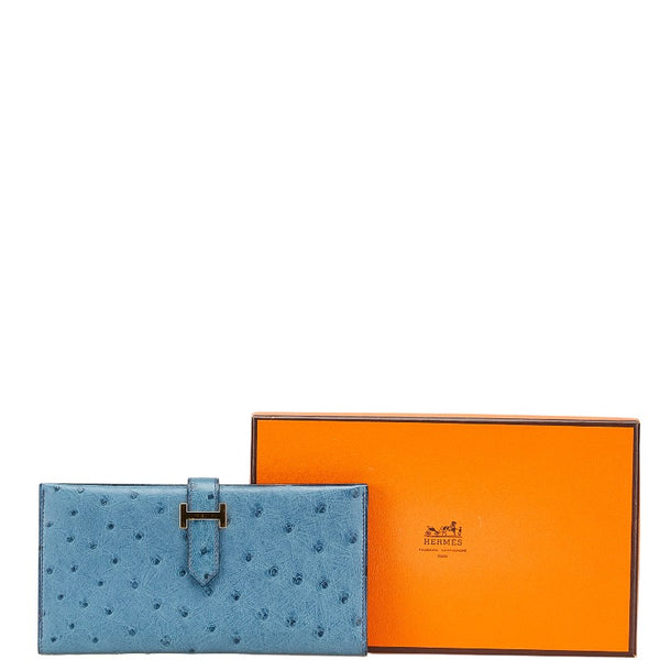 エルメス ベアン スフレ 長財布 ブルー オーストリッチ レディース HERMES 【中古】