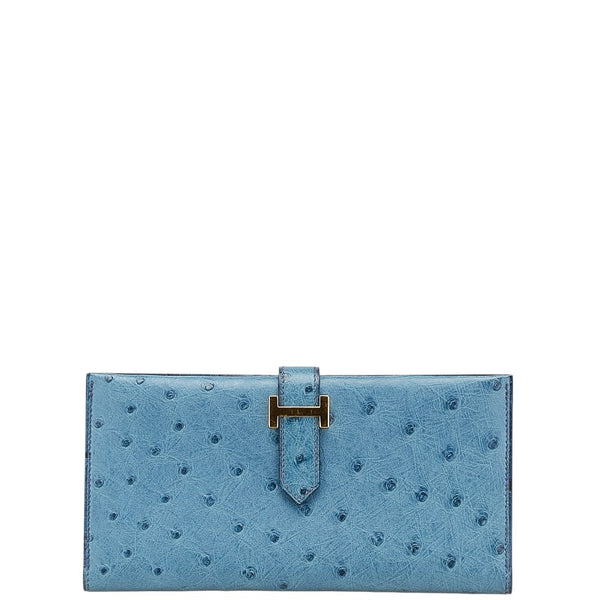 エルメス ベアン スフレ 長財布 ブルー オーストリッチ レディース HERMES 【中古】