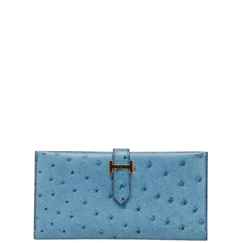 エルメス ベアン スフレ 長財布 ブルー オーストリッチ レディース HERMES 【中古】