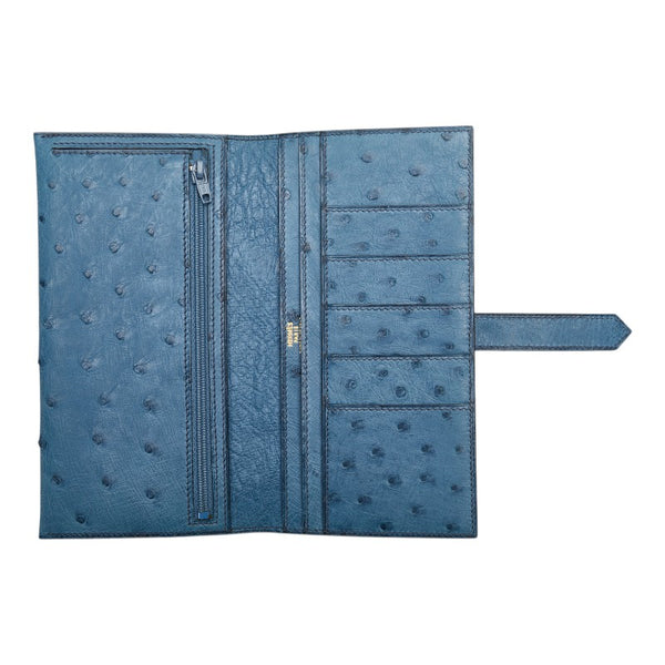 エルメス ベアン スフレ 長財布 ブルー オーストリッチ レディース HERMES 【中古】