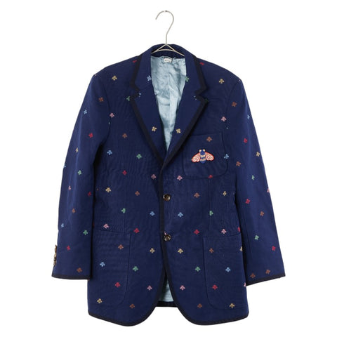 グッチ ビー 蜂 エンブロイダリー テーラードジャケット サイズ：48 527923 ネイビー マルチカラー コットン メンズ GUCCI 【中古】