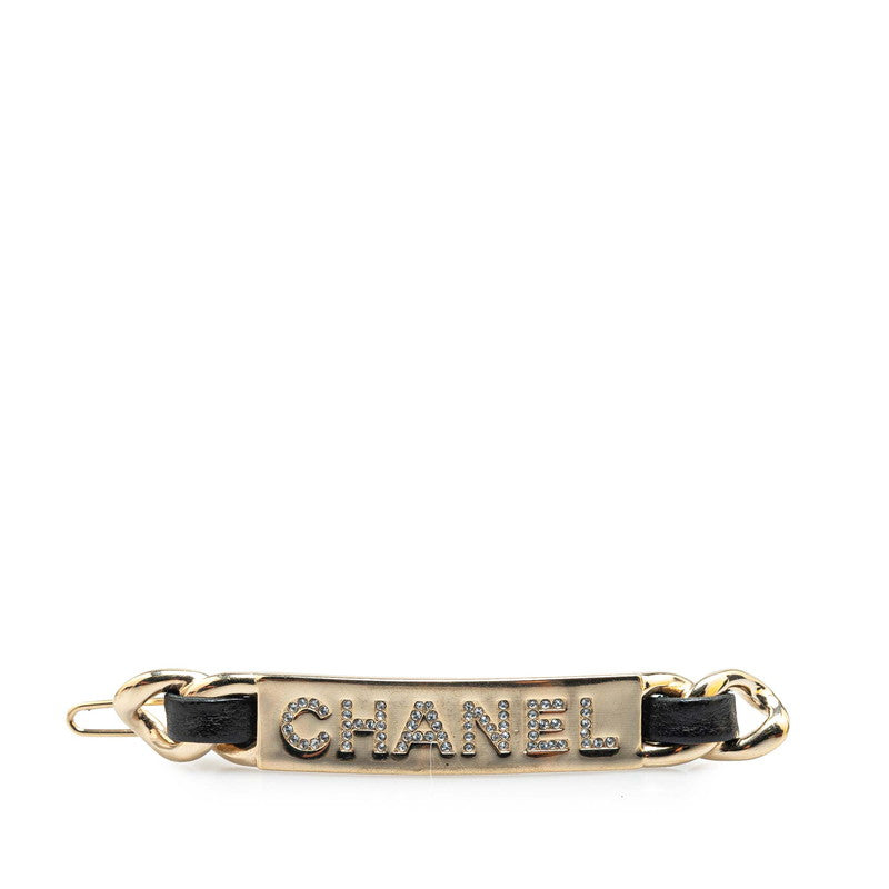 シャネル ロゴ バレッタ ヘアアクセサリー ゴールド ブラック メッキ レザー ラインストーン レディース CHANEL 【中古】