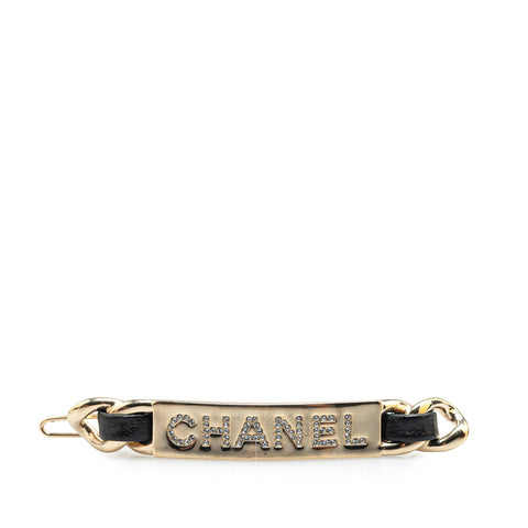 シャネル ロゴ バレッタ ヘアアクセサリー ゴールド ブラック メッキ レザー ラインストーン レディース CHANEL 【中古】
