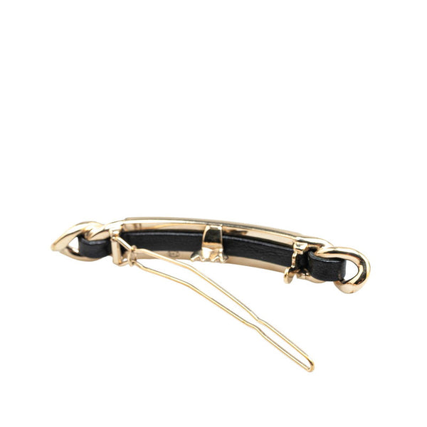 シャネル ロゴ バレッタ ヘアアクセサリー ゴールド ブラック メッキ レザー ラインストーン レディース CHANEL 【中古】