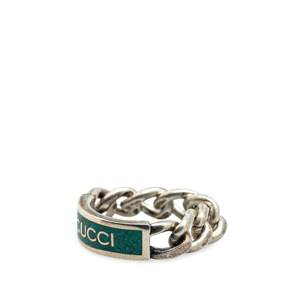 グッチ ゴルメットチェーン ロゴプレート リング 指輪 #22 ターコイズブルー SV925 シルバー エナメル メンズ GUCCI 【中古】