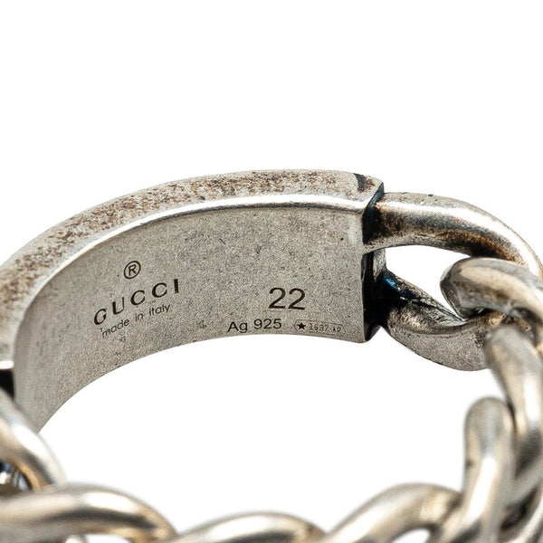 グッチ ゴルメットチェーン ロゴプレート リング 指輪 #22 ターコイズブルー SV925 シルバー エナメル メンズ GUCCI 【中古】