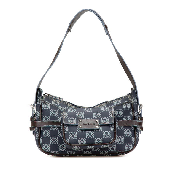 ロエベ アナグラム ワンショルダーバッグ ネイビー ブラウン PVC レザー レディース LOEWE 【中古】
