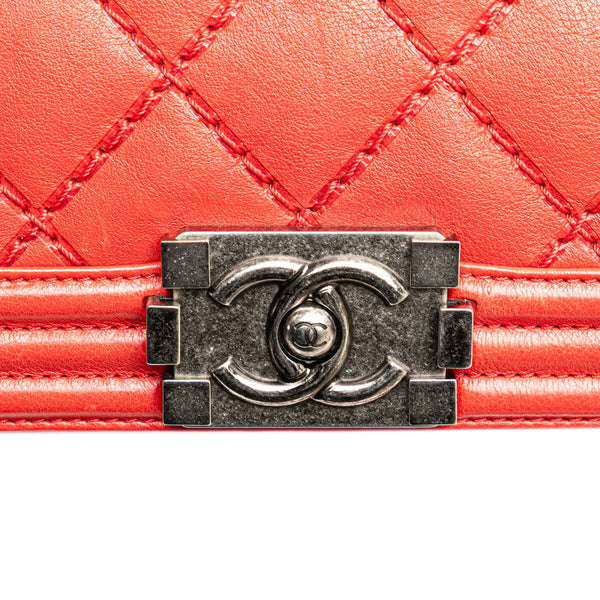 シャネル ボーイシャネル ワイルドステッチ チェーン ショルダーバッグ レッド ラムスキン レディース CHANEL 【中古】