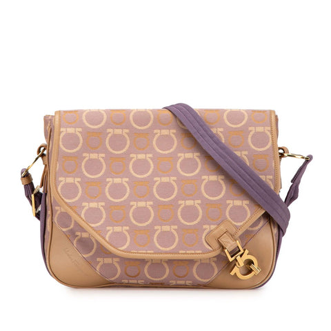 サルヴァトーレフェラガモ ガンチーニ 斜め掛け ショルダーバッグ AU-21/5800 パープル ベージュ ホワイト キャンバス レザー レディース Salvatore Ferragamo 【中古】