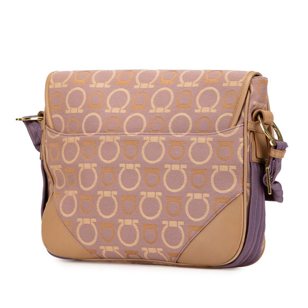 サルヴァトーレフェラガモ ガンチーニ 斜め掛け ショルダーバッグ AU-21/5800 パープル ベージュ ホワイト キャンバス レザー レディース Salvatore Ferragamo 【中古】