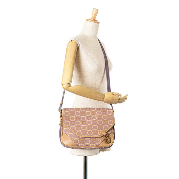 サルヴァトーレフェラガモ ガンチーニ 斜め掛け ショルダーバッグ AU-21/5800 パープル ベージュ ホワイト キャンバス レザー レディース Salvatore Ferragamo 【中古】