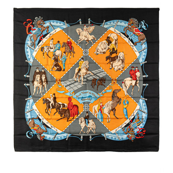 エルメス カレ90 Musee Vivant du Cheval Chantilly シャンティイ城馬の博物館 スカーフ ブラック マルチカラー シルク レディース HERMES 【中古】