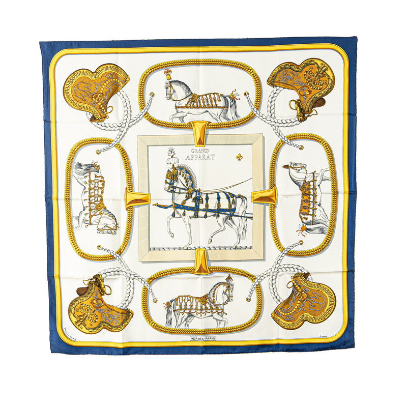 エルメス カレ90 GRAND APPARAT 盛装の馬 スカーフ ブルー ホワイト イエロー シルク レディース HERMES 【中古】