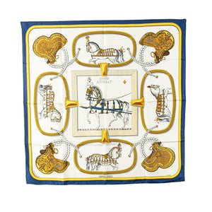 エルメス カレ90 GRAND APPARAT 盛装の馬 スカーフ ブルー ホワイト イエロー シルク レディース HERMES 【中古】